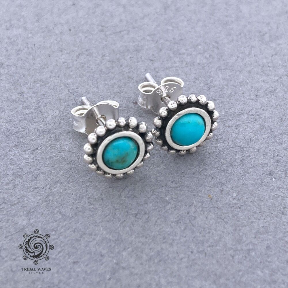 Turquoise  Sterling Silver Stud Earrings Genuine 925, Round 7.3 mm